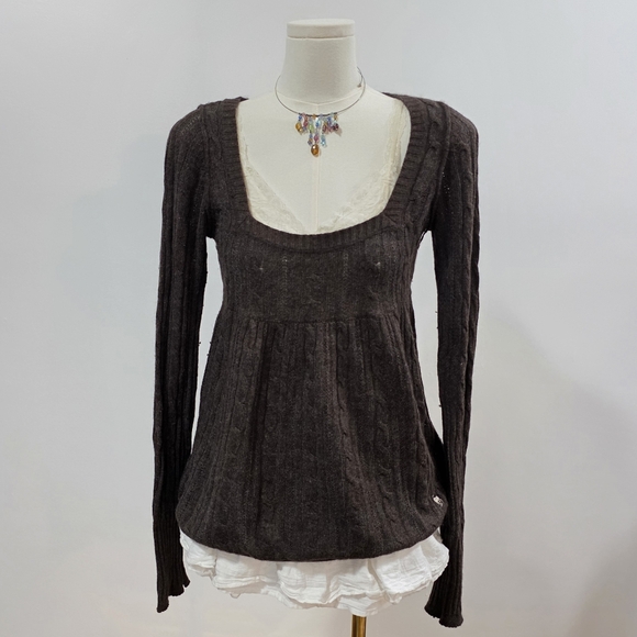 Abercrombie vintage long sleeve knit dark brown babydoll top